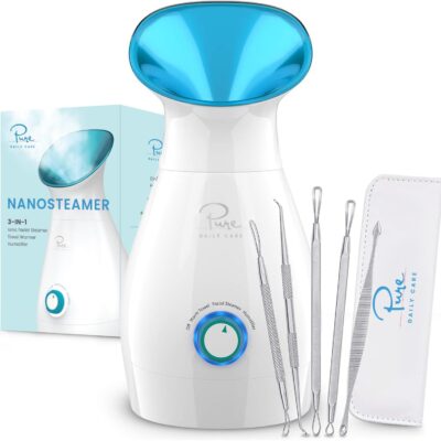 NanoSteamer, Facial Steamer, Nano Ionic, Precise Temp Control, Unclogs Pores, Spa Quality, Stainless Steel Skin Kit, Teal, Pure Daily Care, Skincare, Beauty, Facial Treatment.