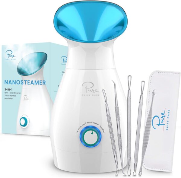 NanoSteamer, Facial Steamer, Nano Ionic, Precise Temp Control, Unclogs Pores, Spa Quality, Stainless Steel Skin Kit, Teal, Pure Daily Care, Skincare, Beauty, Facial Treatment.