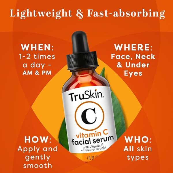 TruSkin Vitamin C Face Serum – Anti Aging Facial Serum with Vitamin C, Hyaluronic Acid, Vitamin E & More – Brightening Serum for Dark Spots, Even Skin Tone, Eye Area, Fine Lines & Wrinkles, 1 Fl Oz