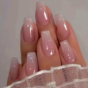 Hkanlre Bling Coffin Press-On Nails - 24PCS Full Cover Medium False Gradient Nails in Coffin Pink for Women and Girls