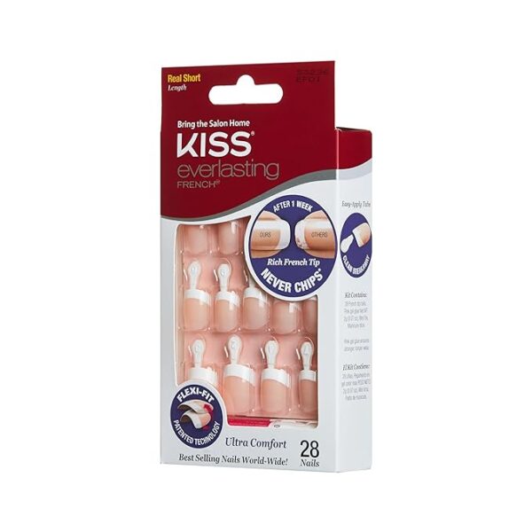 Kiss Everlasting French Nail Manicure Kit - Chip-Free, Flexi-Fit Technology, Real Short, "Endless" - Includes Pink Nail Glue, Mini File, Manicure Stick, and 28 Fake Nails