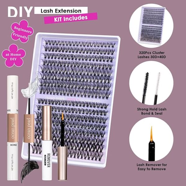 DIY Lash Extension Kit - 320 Pcs Lash Clusters, Natural 10-16mm C/D Curl, Bond Seal, Tweezers, Lash Glue Remover - False Eyelashes for Beginner Eyelash Extensions at Home (30D+40D)
